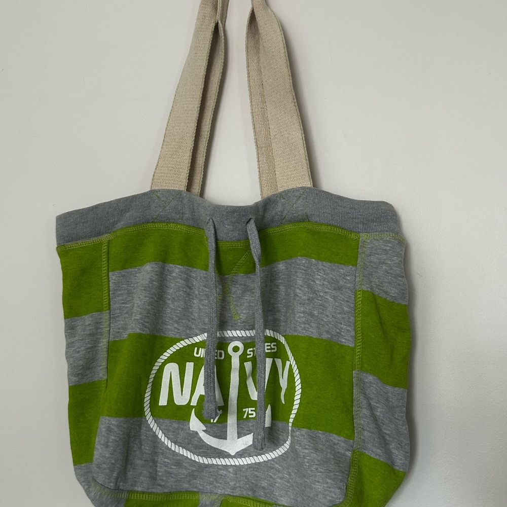 Navy Green and Gray Striped Tote Bag